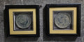 2 Aztec or Mayan style clay plate framed in shadow boxes