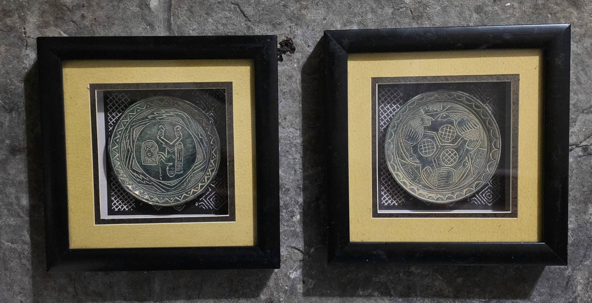 2 Aztec or Mayan style clay plate framed in shadow boxes