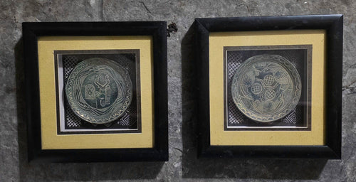 2 Aztec or Mayan style clay plate framed in shadow boxes