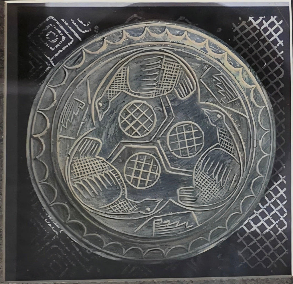 2 Aztec or Mayan style clay plate framed in shadow boxes