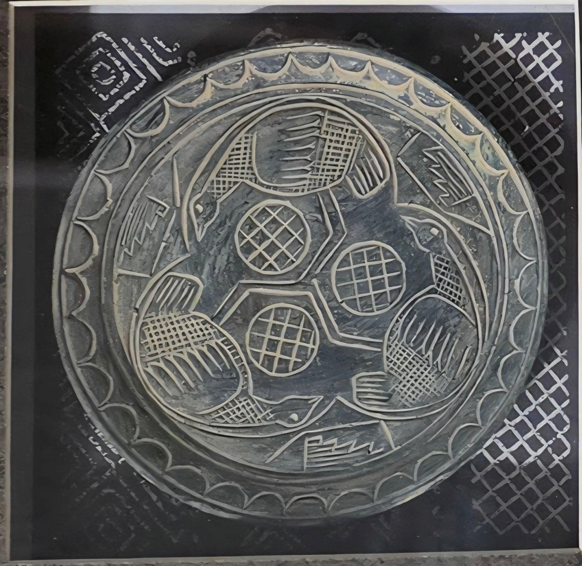 2 Aztec or Mayan style clay plate framed in shadow boxes