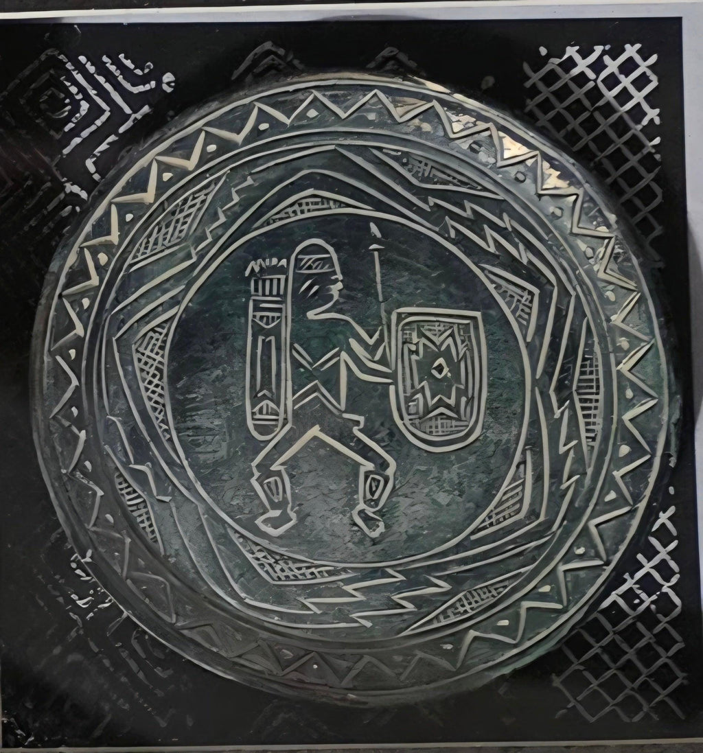 2 Aztec or Mayan style clay plate framed in shadow boxes